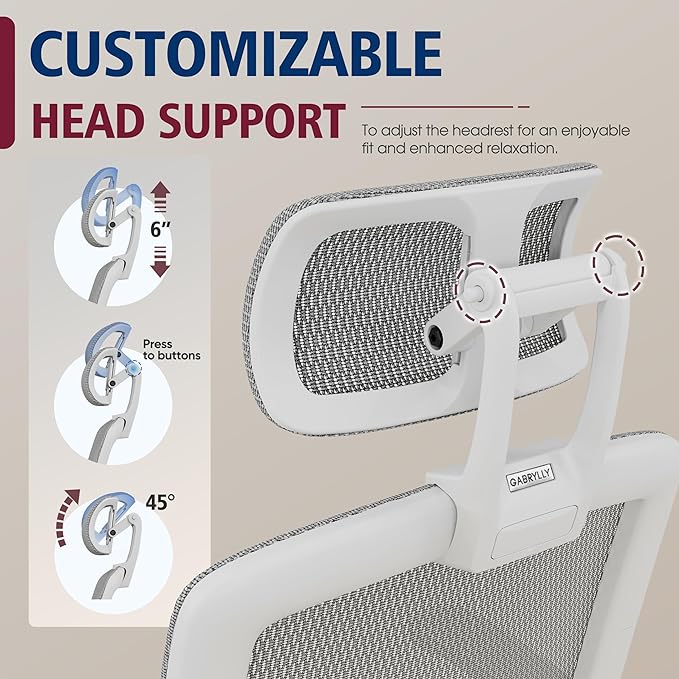 GABRYLLY Ergonomic Office Chair, High Back Home Desk Chair with Headrest, Flip-Up Arms, 90-120° Tilt Lock and Wide Cushion, Big and Tall Mesh Chairs for Man Woman, White Task Chair - LeafyLoom