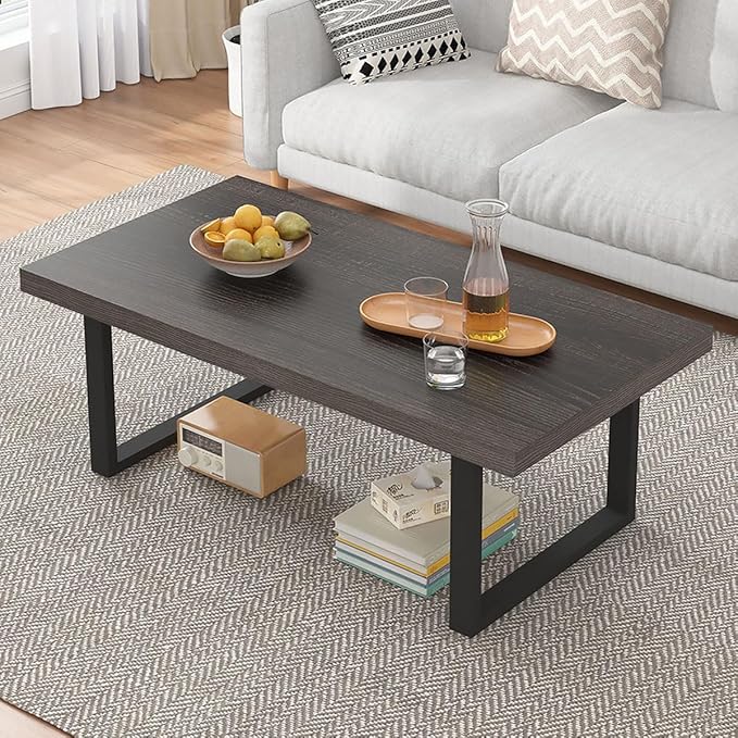 IBF Industrial Grey Coffee Table, Modern Simple Wood and Metal Center Table, Minimalist Rectangle Wooden Living Room Table, Vintage Rustic Cocktail Tea Table for Home Bedroom, Dark Gray Oak, 39 inch - LeafyLoom
