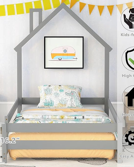 Bellemave Twin Size House-Shaped Headboard Floor Bed with Fences, Wooden Montessori Bed for Kids,House Bed Twin Frame for Girls,Boys (Gray) - LeafyLoom