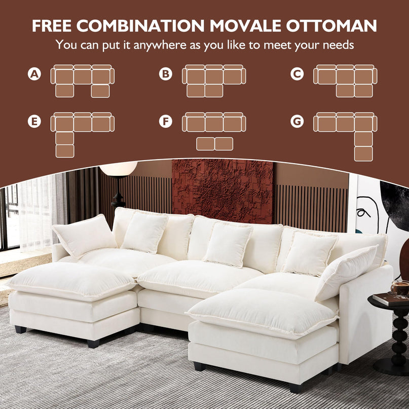 Ihanherry 111.4" L Shaped Modern Sofa Modular Sectional Cloud Couch with Ottoman, 4-Seat Chenille Deep Seat Sofa with Pillow for Living Room, Bedroom and Apartment, Beige LeafyLoom