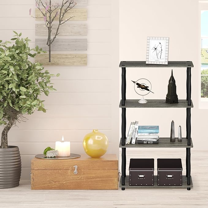 Furinno Turn-N-Tube 4-Tier Multipurpose Shelf Display Rack, Classic Tubes, French Oak Grey/Black - LeafyLoom
