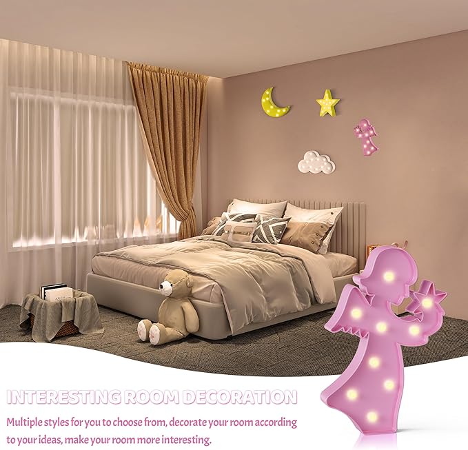 Angel Pink Party Decorations, Battery Powered Angel Night Light for Kids, Girl Birthday Party Decorations, Pink Room Decor for Girls, Pink Wall Decor for Girls Bedroom - LeafyLoom