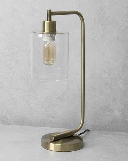 Simple Designs LD1036-ABS-LB 18.8" Industrial Bronson Antique Style Iron Lantern Desk Table Lamp with Glass Shade for Office, Living Room, Bedroom, Antique Brass, with Feit LED Bulb Included - LeafyLoom