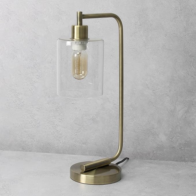 Simple Designs LD1036-ABS-LB 18.8" Industrial Bronson Antique Style Iron Lantern Desk Table Lamp with Glass Shade for Office, Living Room, Bedroom, Antique Brass, with Feit LED Bulb Included - LeafyLoom