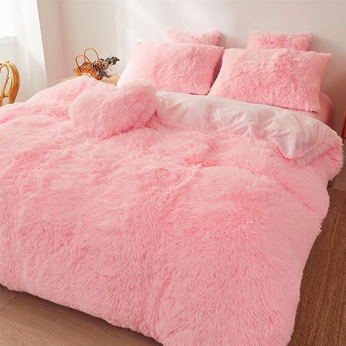 Fluffy Faux Fur Pink Comforter Cover Set Queen - Ultra Soft Plush Pink Bedding Sets 3 Pieces (1 fluffy duvet cover + 2 Faux Fur Pillow case) Cute Pink Bed Set (Light Pink, Queen) - LeafyLoom