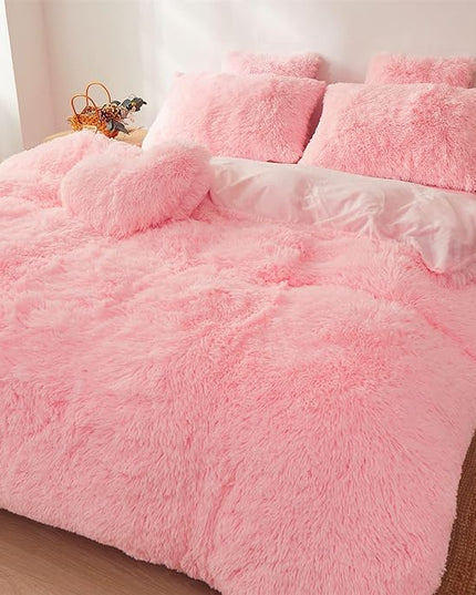 FOPPA pink fluffy Comforter Cover Set king- Ultra Soft fluffy Pink Bedding Sets 3 Pieces (1 Duvet Cover + 2 Pillow case) pink fluffy bed set (Light Pink, King) - LeafyLoom