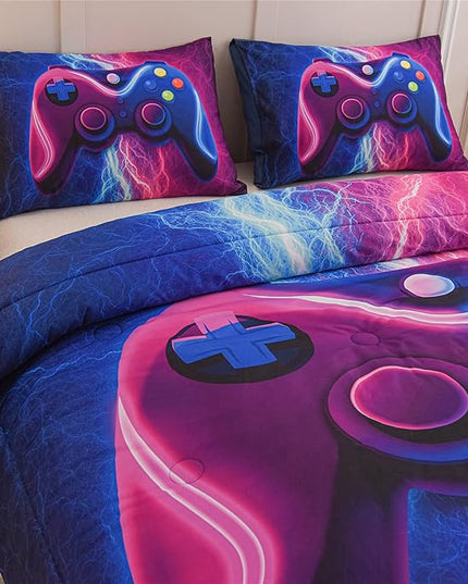 Meeting Story Gamer Gaming Bedding Sets Red Blue Lightnings Gamepad Comforter Set for Boys Games Console Action Buttons Novelty Colorful Modern Room Decor Home Quilt Set (Blue-Purple, Twin) - LeafyLoom