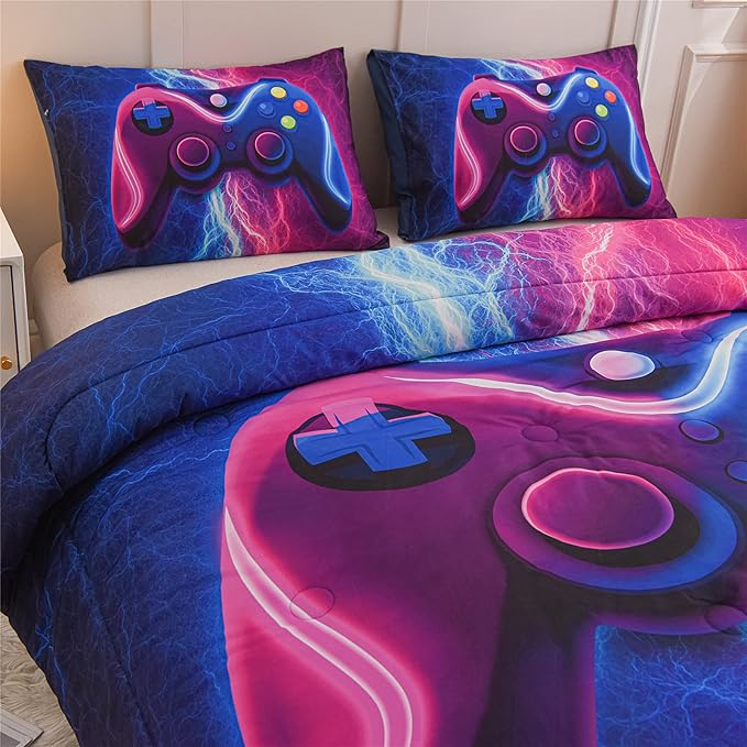 Meeting Story Gamer Gaming Bedding Sets Red Blue Lightnings Gamepad Comforter Set for Boys Games Console Action Buttons Novelty Colorful Modern Room Decor Home Quilt Set (Blue-Purple, Queen) - LeafyLoom