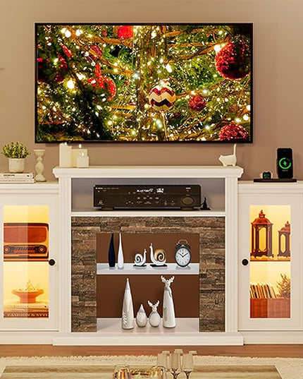 YITAHOME TV Stand for 65 55 Inch TV with LED Light & Power Outlets, 30'' Tall Highboy Entertainment Center TV Cabinets w/Glass Doors, Mid Century Modern TV Media Console Table for Living Room, White - LeafyLoom