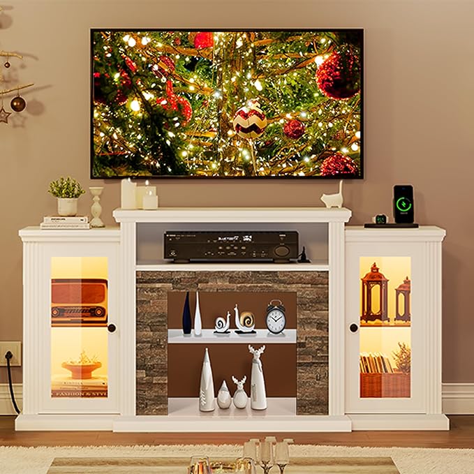 YITAHOME TV Stand for 65 55 Inch TV with LED Light & Power Outlets, 30'' Tall Highboy Entertainment Center TV Cabinets w/Glass Doors, Mid Century Modern TV Media Console Table for Living Room, White - LeafyLoom