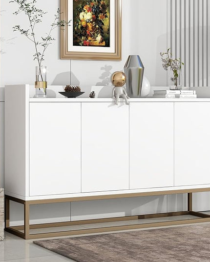 Sideboard Buffet Cabinet with Large Storage Space,Modern Particle Board Kitchen Console Table,W/ 4 Doors and Gold Metal Legs,Dining Room,Entryway,White, 47.2" - LeafyLoom