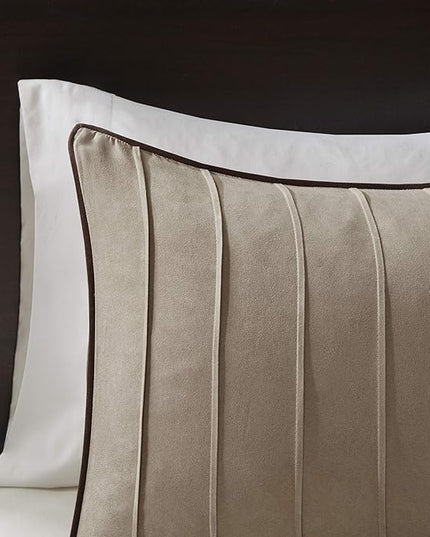 Madison Park Cozy Comforter Set Casual Blocks Design All Season, Matching Bed Skirt, Decorative Pillows, Queen (90 in x 90 in), Dune Beige/Brown, 7 Piece - LeafyLoom