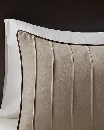 Madison Park Cozy Comforter Set Casual Blocks Design All Season, Matching Bed Skirt, Decorative Pillows, King (104 in x 92 in), Dune Beige/Brown, 7 Piece - LeafyLoom