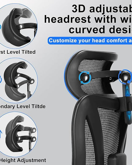 C19 Ergonomic Mesh Office Chair with Adjustable Height Lumbar Support，3D Armrest & Headrest，Tilt Function，Blade Wheel for High Back Desk Chair，Swivel Big and Tall Computer Chair (Black) - LeafyLoom