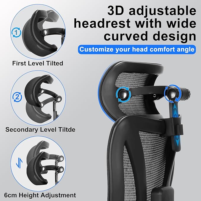 C19 Ergonomic Mesh Office Chair with Adjustable Height Lumbar Support，3D Armrest & Headrest，Tilt Function，Blade Wheel for High Back Desk Chair，Swivel Big and Tall Computer Chair (Black) - LeafyLoom
