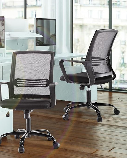 Home Office Chair, Mesh Mid High Back Ergonomic Computer Executive Task Desk with Lumbar Support, Armrest, Rocking Swivel Tilt Function, Wheels, Sponge Seat Cushions for Adult Black - LeafyLoom