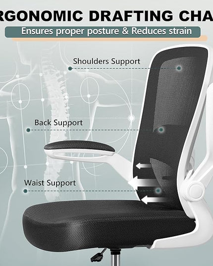 FelixKing Drafting Chair Ergonomic Tall Office Chair, Breathable Mesh Chair with Adjustable Footrest Ring Lumbar Support Flip-up Armrests, High Back Executive Comfy Task Computer Chair for Home Office - LeafyLoom