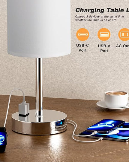 Touch Bedside Lamp - White, 3-Way Dimmable, USB A + C Charging, AC Outlet, 17.4inch Medium - LeafyLoom