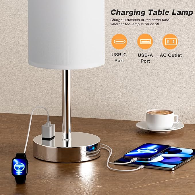 Touch Bedside Lamp - White, 3-Way Dimmable, USB A + C Charging, AC Outlet, 17.4inch Medium - LeafyLoom