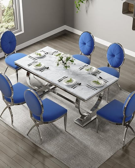 ACEDÉCOR Blue and Silver Dining Chairs, Mid-Century Modern Velvet Dining Chairs with Silver X Shaped Legs, for Kitchen, Dining Room, Living Room,Restaurant, Set of 6 - LeafyLoom