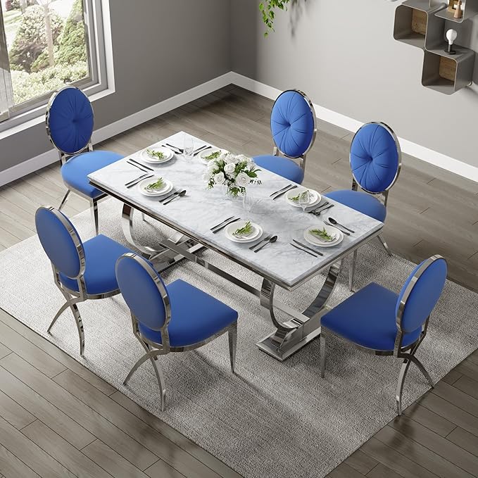 ACEDÉCOR Blue and Silver Dining Chairs, Mid-Century Modern Velvet Dining Chairs with Silver X Shaped Legs, for Kitchen, Dining Room, Living Room,Restaurant, Set of 6 - LeafyLoom