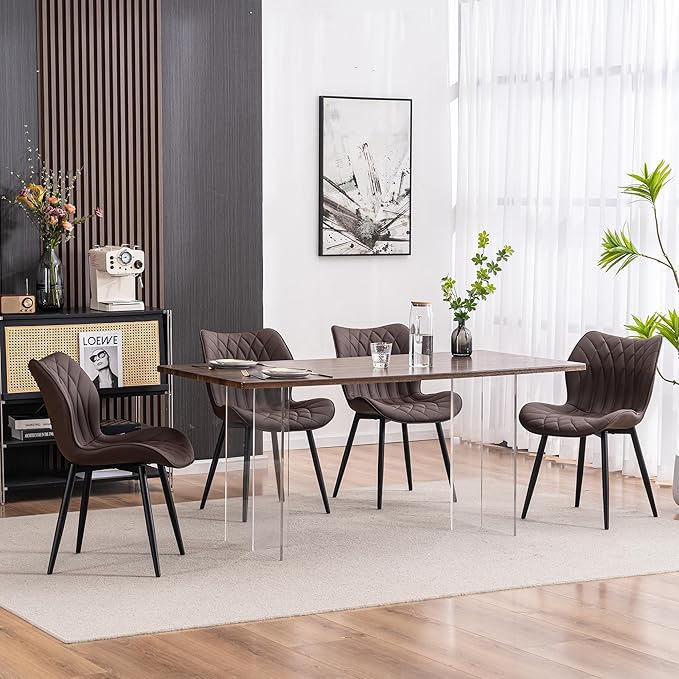 YOUNIKE Dining Chairs Set of 2, Upholstered Leather Dining Room Chairs, Modern Kitchen Chairs Living Room Bedroom Side Chairs with Wide Curved Back and Adjustable Metal Legs, Espresso Brown - LeafyLoom