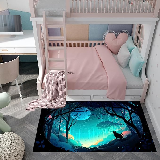 Cat Rug - Magic Black Cat Rug for Home Decor Moon Black Cat Rug for Boys Room Cat Door Mats Outdoor Entrance Forestscape Cat Rug, 3x4 Feet - LeafyLoom