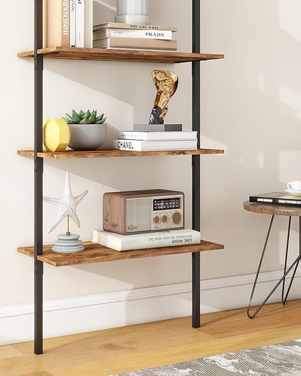 Panana Industrial 5 Tier Ladder Shelf, Open Space Book Shelf Wall Mount Bookshelf with Metal Frame Sturdy Bookcase for Living Room (Brown, 5 Tier) - LeafyLoom