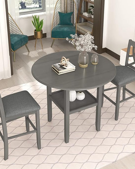 NicBex Bar Table and Chairs Set Kitchen Table Set Counter Height Kitchen Dining Table Set with Drop Leaf Table, 1 Shelf and 2 Cross Back Padded Chairs for Small Places, Gray - LeafyLoom