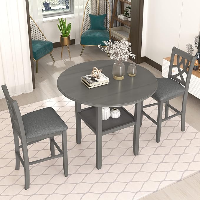 Dining Room Table Set, Wood Round Counter Height Kitchen Table Set with Drop Leaf Table, One Shelf and 2 Cross Back Padded Chairs, 3 Piece Dining Table Set for Small Places, Grey - LeafyLoom