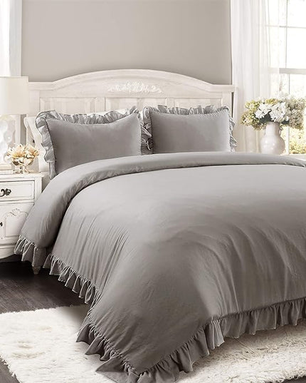 Lush Decor Reyna Ruffle Comforter Set - 3 Piece Cozy Ruffled Bedding Set - Timeless Elegance and Comfort for Bedroom - King, Gray - LeafyLoom