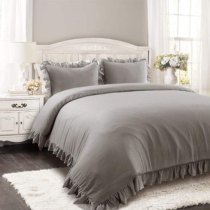 Lush Decor Reyna Ruffle Comforter Set - 3 Piece Cozy Ruffled Bedding Set - Timeless Elegance and Comfort for Bedroom - King, Gray - LeafyLoom
