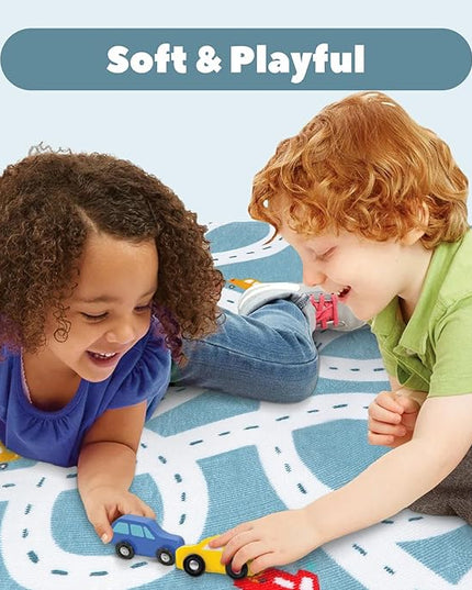 LIVEBOX Blue 3'x5' Non-Slip Kids Play Rug, Machine Washable Road Mat for Playroom, Toy Room Carpet with Cartoon Design for Boys and Girls - LeafyLoom