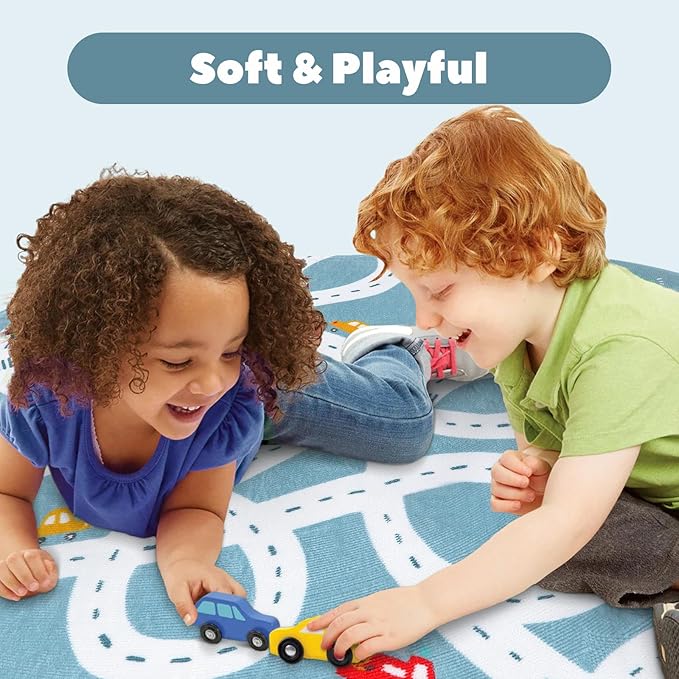 LIVEBOX Blue 3'x5' Non-Slip Kids Play Rug, Machine Washable Road Mat for Playroom, Toy Room Carpet with Cartoon Design for Boys and Girls - LeafyLoom