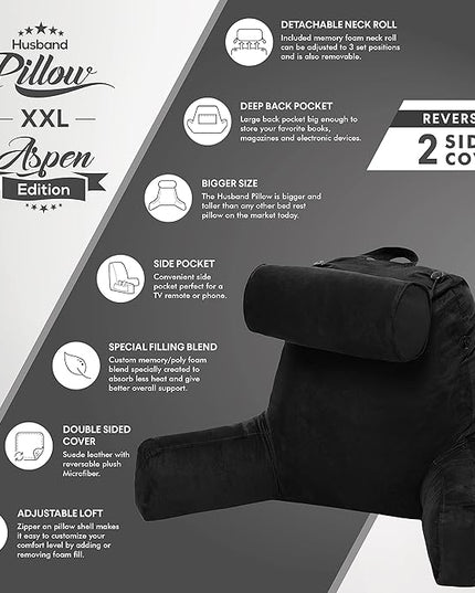 Husband Pillow XXL Aspen Edition, Adult Reading Sit Up Bed Rest Pillow for Bed with Arms & Neck Roll on Bungee Cord - Premium Memory Foam - Reversible 2 Sided Cover Micro Suede or Plush, Stable Black - LeafyLoom