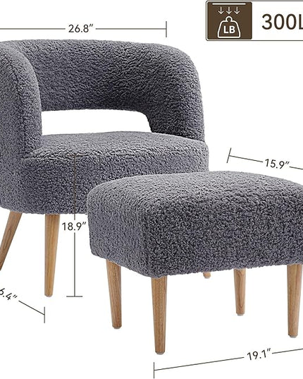 Accent Chair with Ottoman Teddy Fleece Upholstered Armchair Mid-Century Modern Comfortable Chairs and Ottoman Set with Wooden Legs for Living Room, Bedroom(Dark Grey) - LeafyLoom