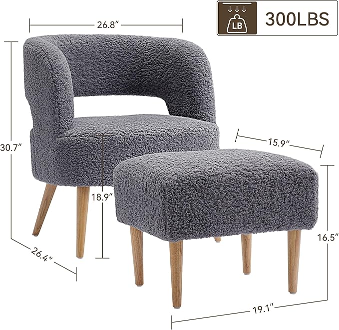 Accent Chair with Ottoman Teddy Fleece Upholstered Armchair Mid-Century Modern Comfortable Chairs and Ottoman Set with Wooden Legs for Living Room, Bedroom(Dark Grey) - LeafyLoom