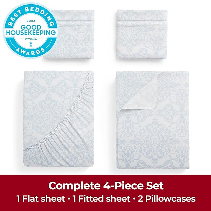 Mellanni California King Sheets Set - 4 PC Iconic Collection Bedding Sheets & Pillowcases - Hotel Luxury, Extra Soft, Cooling Bed Sheets - Deep Pocket up to 16 inch (Cal King, Laced Sky Blue) - LeafyLoom