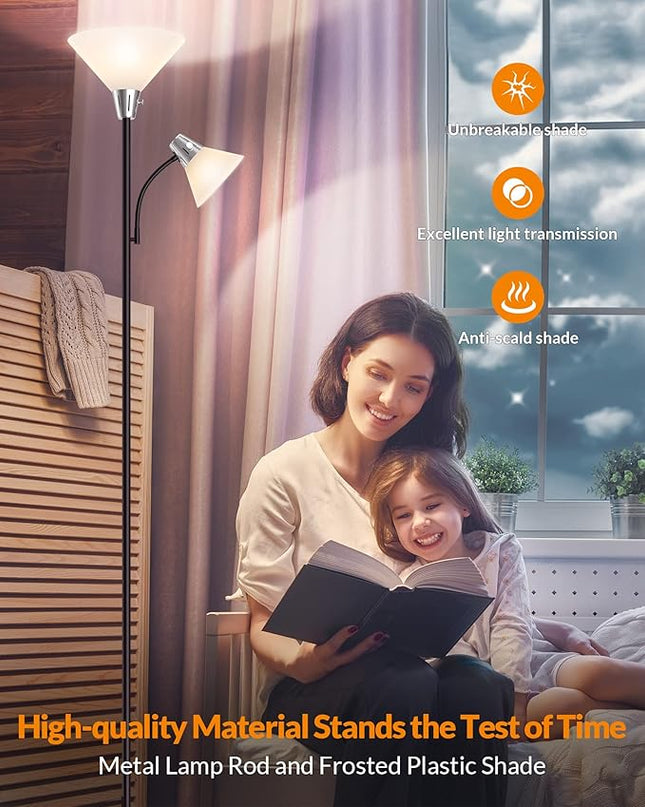 LEPOWER Floor Lamp, Standing Lamp with Replaceable 3000K Energy-Saving LED Bulbs,9W Lamp for Living Room with 5W Adjustable Reading Light, Modern Bright Floor Lamp for Bedroom, Living Room, Office - LeafyLoom