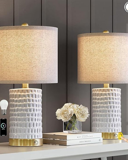 PORTRES 19" Farmhouse 3-Way Dimmable Touch Ceramic Table Lamp Set of 2 for Bedroom White Bedside Lamps with USB A+C Charging Ports for Living room Nightstand Lamp End Table lamps - LeafyLoom
