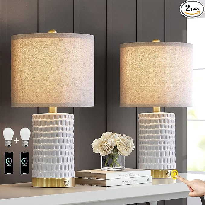 PORTRES 19" Farmhouse 3-Way Dimmable Touch Ceramic Table Lamp Set of 2 for Bedroom White Bedside Lamps with USB A+C Charging Ports for Living room Nightstand Lamp End Table lamps - LeafyLoom