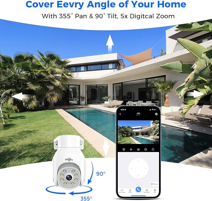 Hiseeu Wireless Camera Outdoor, 2.4G/5G 3MP WiFi Security Camera Color Night Vision, Pan&Tilt 360° View, Motion Detection, Siren/Motion/Light Alarm, IP66, Compatile NVR, No Monthly Fee Hiseeu