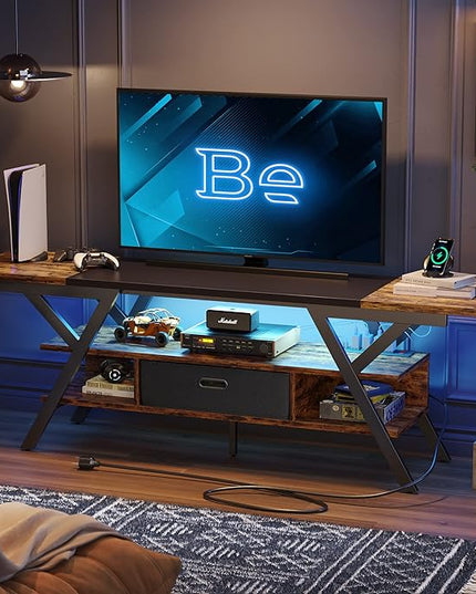 Bestier 70 Inch Gaming Tv Stands for Living Room with Power Outlet for TVs up to 75", Black Entertainment Center with Led Lights for Living Room Bedroom. Rustic Brown - LeafyLoom