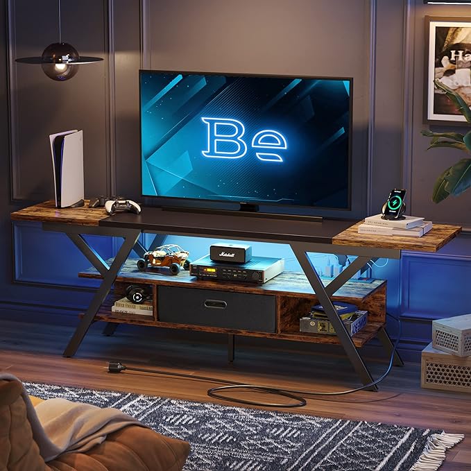Bestier 70 Inch Gaming Tv Stands for Living Room with Power Outlet for TVs up to 75", Black Entertainment Center with Led Lights for Living Room Bedroom. Rustic Brown - LeafyLoom