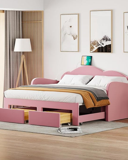 Twin Size Velvet Upholstered Daybed with Cloud-Shaped Backrest and Trundle,Wooden Storage Bed Frame W/Drawers & USB Ports,Convert to King-Size Bed,for Living Room Apartment,Pink - LeafyLoom