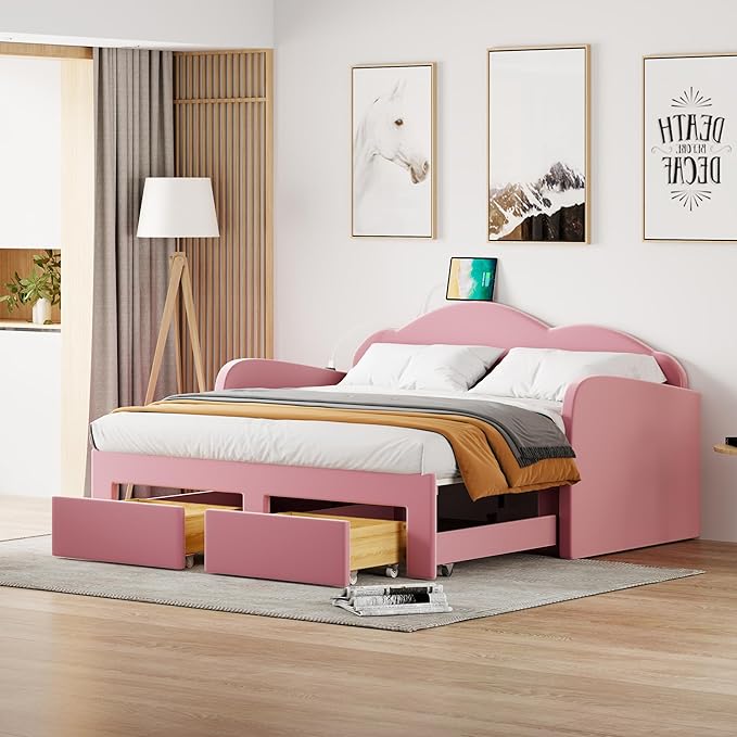 Twin Size Velvet Upholstered Daybed with Cloud-Shaped Backrest and Trundle,Wooden Storage Bed Frame W/Drawers & USB Ports,Convert to King-Size Bed,for Living Room Apartment,Pink - LeafyLoom