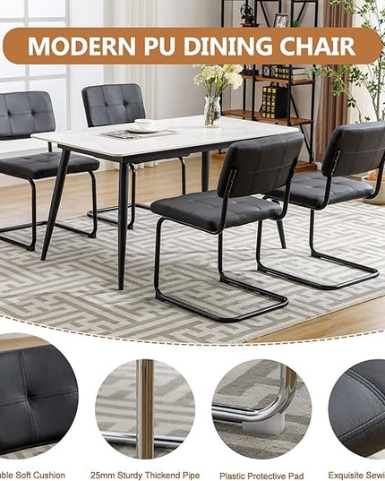 Forevich Mid Century Modern Dining Chairs Set of 4, Leather Kitchen Dining Room Side Chairs Upholstered Armless Accent Chairs with Metal Chrome Legs for Living Room, Bedroom Black - LeafyLoom