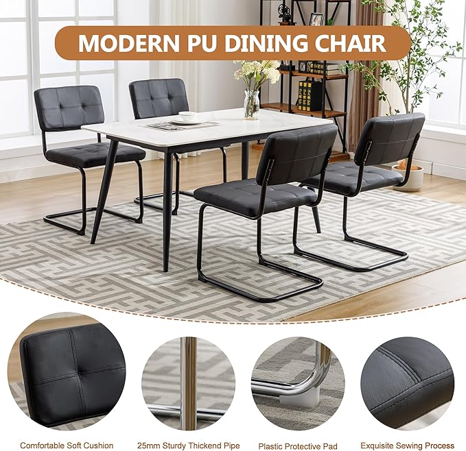 Forevich Mid Century Modern Dining Chairs Set of 4, Leather Kitchen Dining Room Side Chairs Upholstered Armless Accent Chairs with Metal Chrome Legs for Living Room, Bedroom Black - LeafyLoom