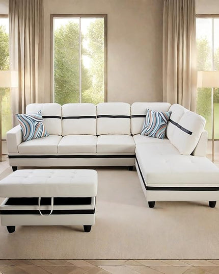 L Shaped Sofa with Ottoman Modern Sectional Living Room, Bedroom, Office, L Couch White-Black - LeafyLoom