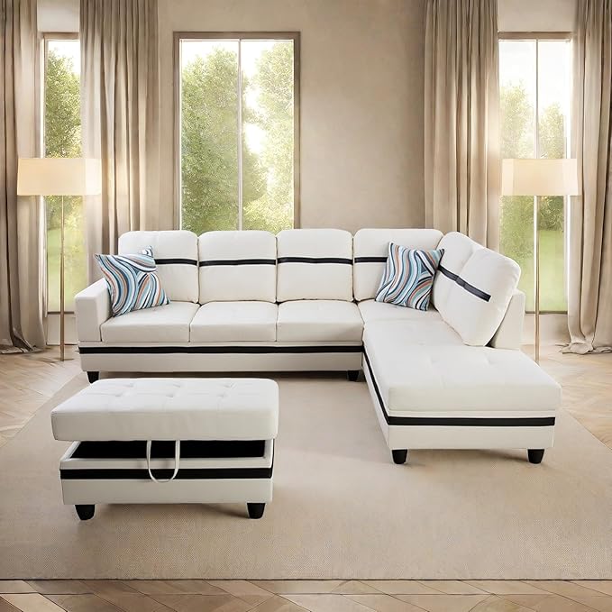 L Shaped Sofa with Ottoman Modern Sectional Living Room, Bedroom, Office, L Couch White-Black - LeafyLoom